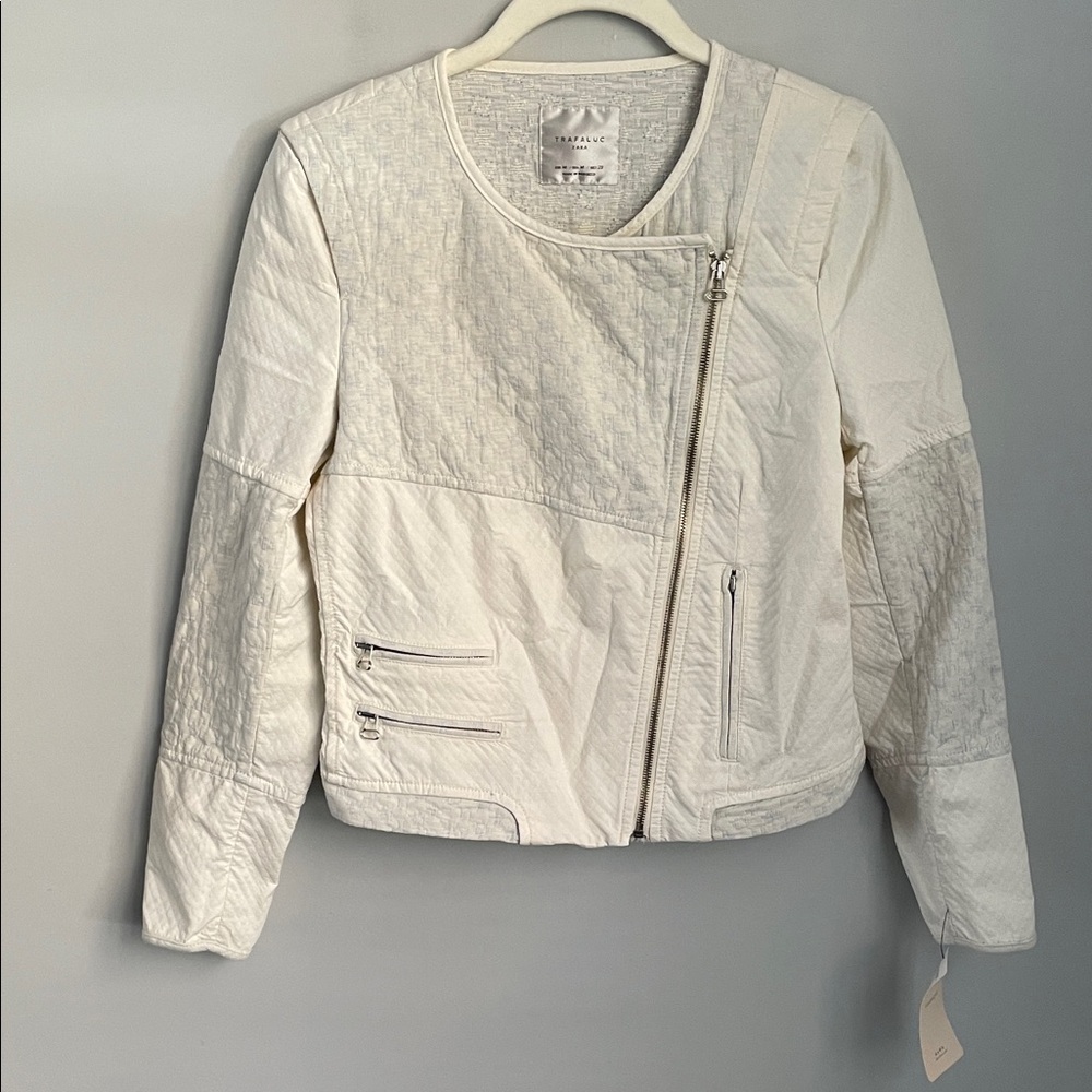Zara Trafaluc Cream Cotton Quilted Moto Jacket Size Medium